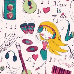 Tapeta: Muzyczna ilustracja z dziewczynką i instrumentami