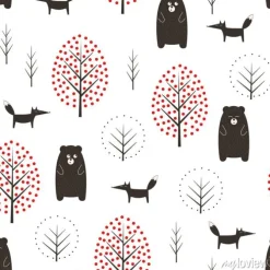 Tapeta: Niedźwiedź, lis i drzew wzór na białym tle. prosta ilustracja