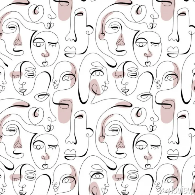 Tapeta: One line drawing abstract face seamless pattern. modern minimalism