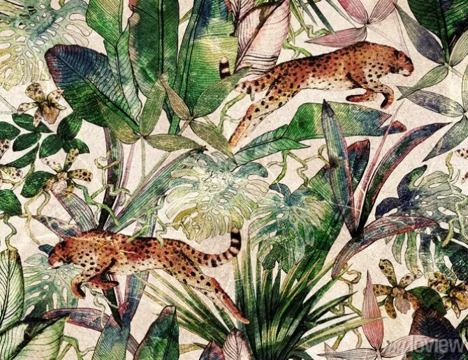 Tapeta: Pantery na egzotycznym wzorze retro