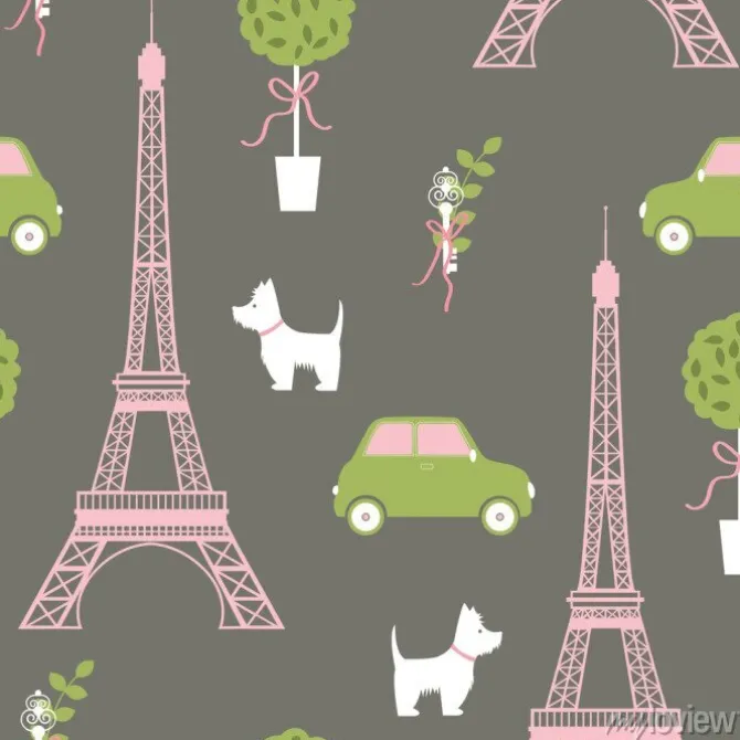 Tapeta: Paryż. wieża eiffla, pies, samochód, drzewo. wzór wektora.