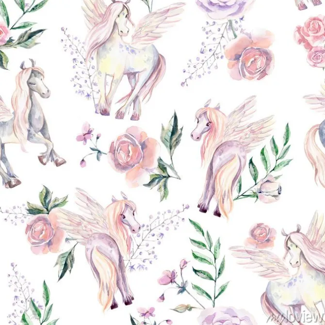 Tapeta: Pegazy w kwiatach malowane akwarelą