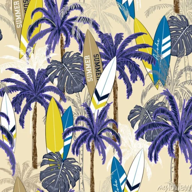 Tapeta: Piękna bezszwowa ręka rysuje tropikalnego wzór z drzewkiem palmowym,