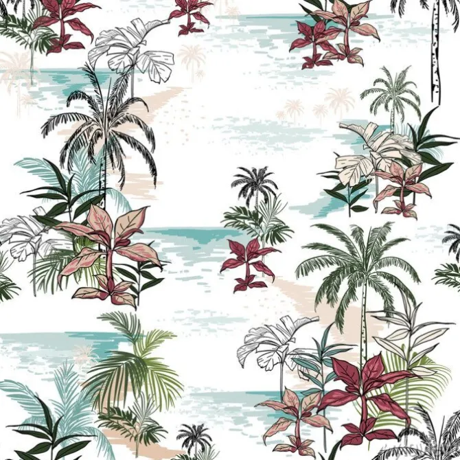 Tapeta: Piękny bezszwowy wyspa wzór na białym tle. krajobraz z palmami,