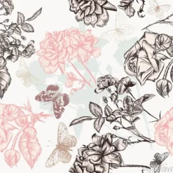 Tapeta: Piękny wzór tapety z wygrawerowanym róż i motyli