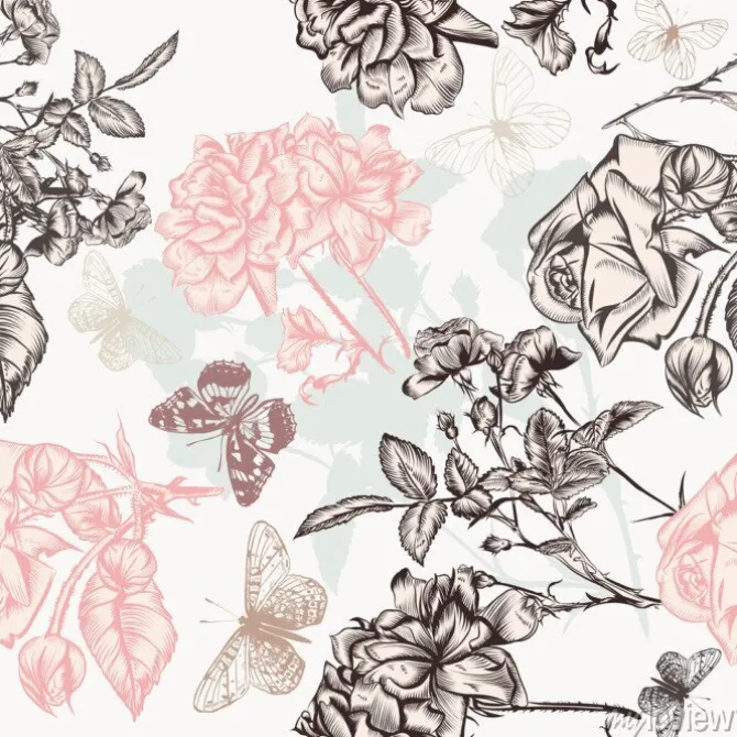 Tapeta: Piękny wzór tapety z wygrawerowanym róż i motyli