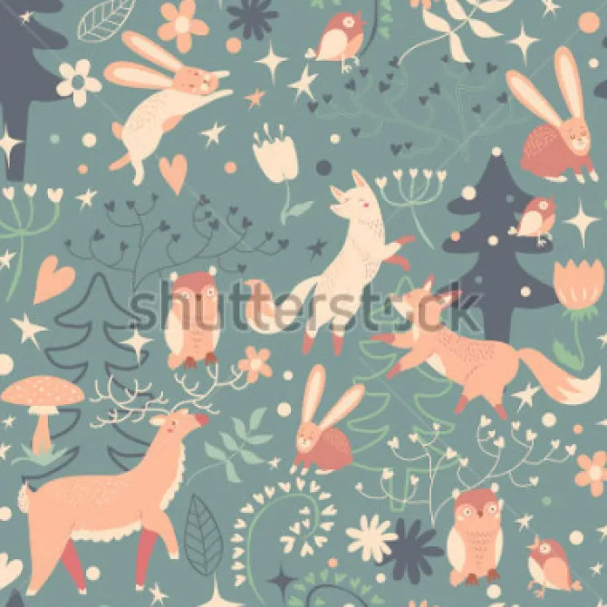 Tapeta: Piękny wzór z słodkie lisy, jelenie, sowa, królik, kwiaty, drzewa