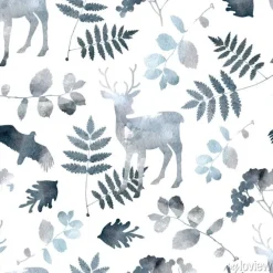 Tapeta: Północny lasowy bezszwowy wzór z rogaczem, ptakami, liści elementami.