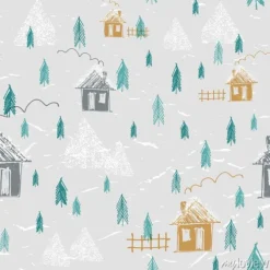 Tapeta: Proste ręcznie narysowanego lasu w zimie wzorek bez szwu. domy,