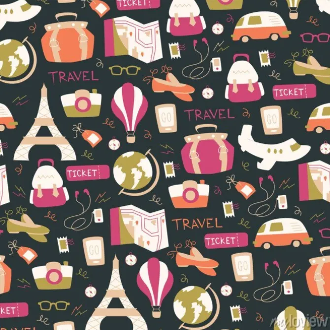 Tapeta: Rączka ciągnąca podróż bezszwowe pattern.travel doodle tła.