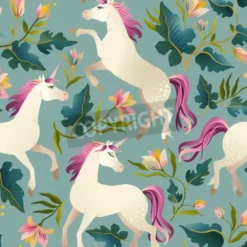 Tapeta: Ręcznie rysowane rocznika jednorożca w magiczny wzór lasu. ilustracji