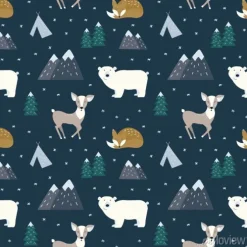 Tapeta: Ręcznie rysowane skandynawskie zwierzęta w lesie, wzór. skandynawskie