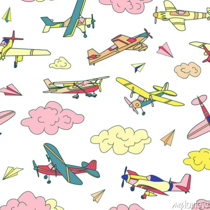 Tapeta: Retro samoloty w różnych modnych kolorach wzór. płaska konstrukcja