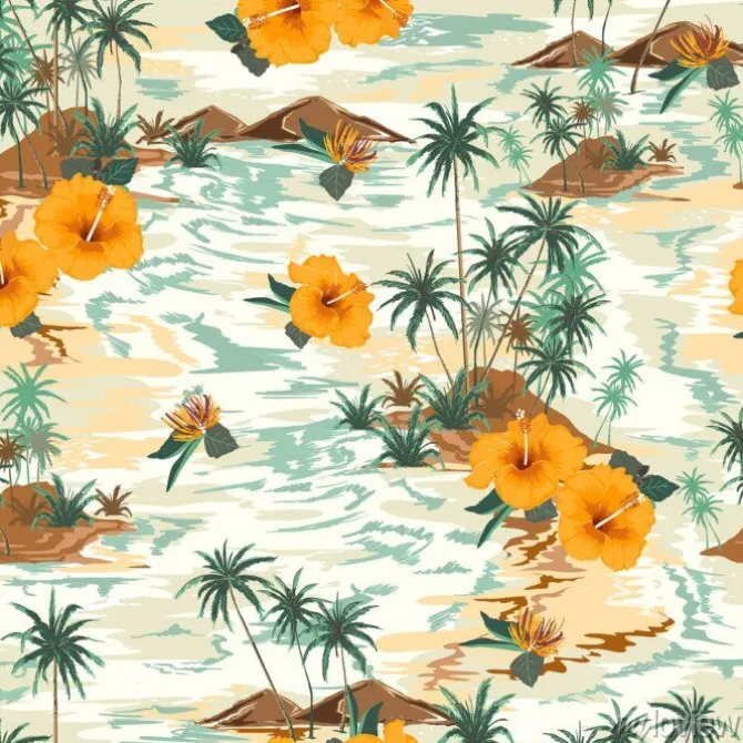 Tapeta: Retro seamless island pattern landscape with palm treeshibicus,flowers,beach