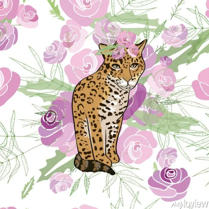 Tapeta: Retro styl ilustracja z kwiatami i zwierzęciem