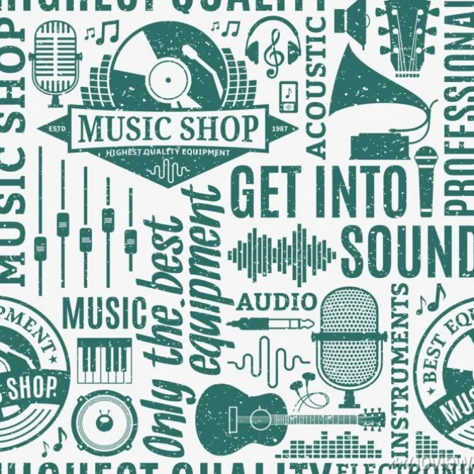 Tapeta: Retro stylem typograficzny wektor szwu wzór sklep muzyczny