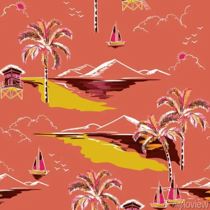 Tapeta: Rocznik piękny bezszwowy wyspa wzoru wektor. krajobraz z palmami,