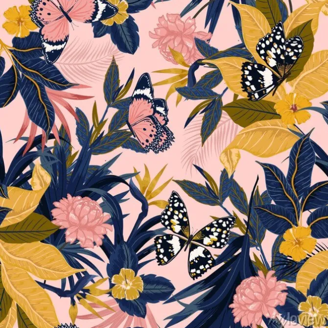 Tapeta: Rośliny i motyle na różowym tle