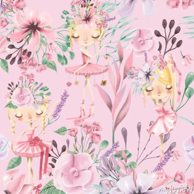 Tapeta: Różowe baletnice z kwiatami