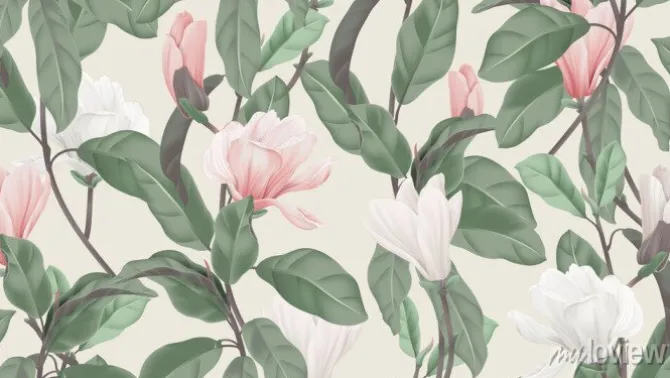 Tapeta: Różowe i białe kwiaty magnolii wśród liści