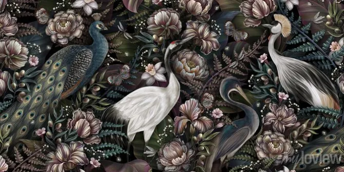 Tapeta: Royal birds, crane, peacock, heron. luxury wallpaper, mural.
