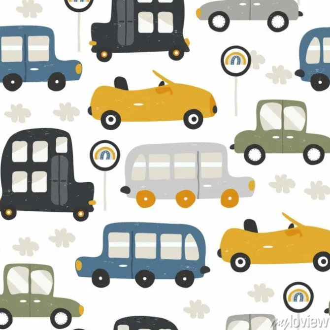 Tapeta: Samochodziki i znaki drogowe dla dzieci