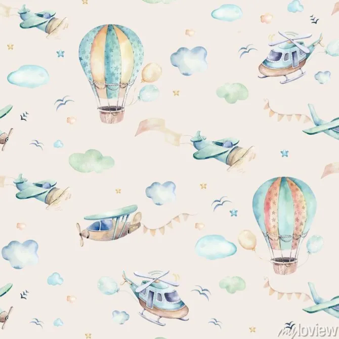 Tapeta: Samoloty i balony na beżowym tle