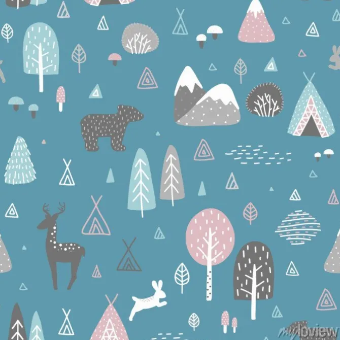 Tapeta: Scandinavian seamless pattern with deer, bear, hare, trees, bushes,