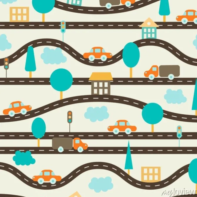 Tapeta: Seamless background. childrens pattern with roads, cars, trees,