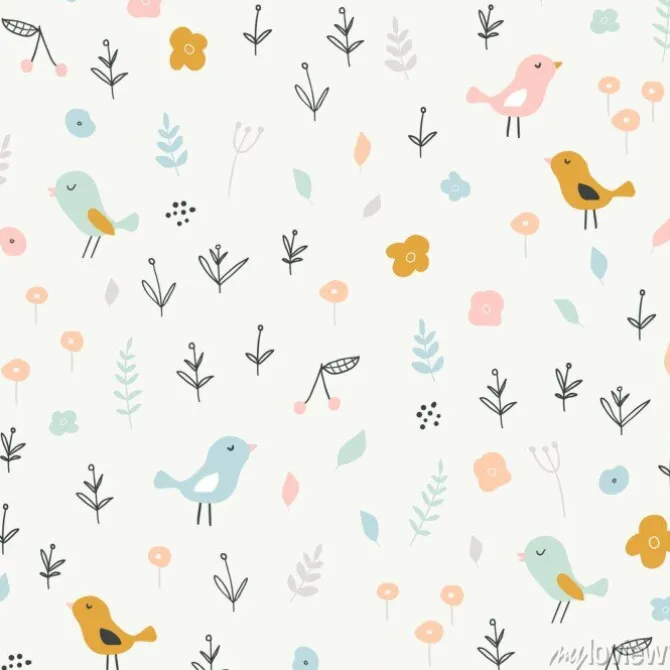 Tapeta: Seamless childish pattern with tiny birds and floral elements.