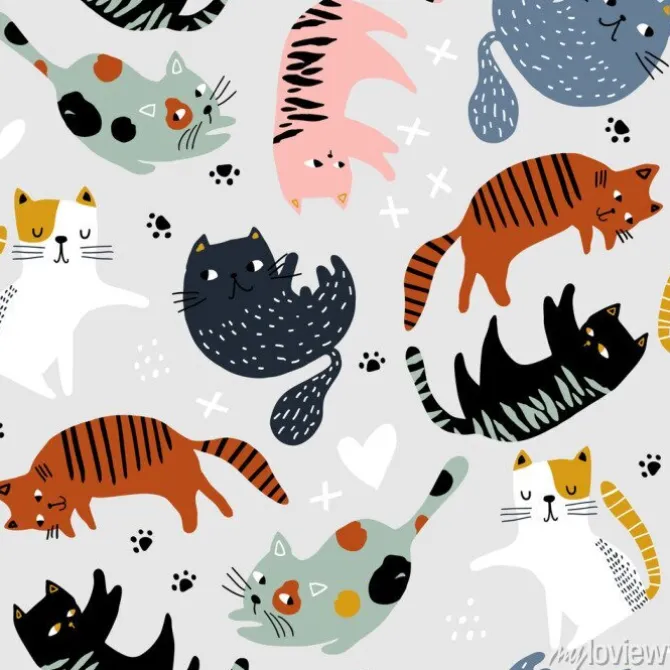 Tapeta: Seamless childish pattern with colorful cats in different poses