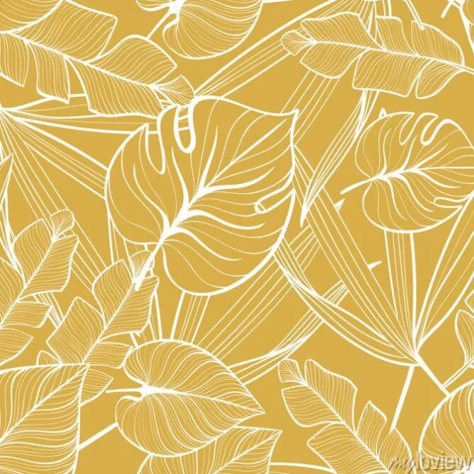 Tapeta: Seamless floral pattern with tropical leaves. line drawing. hand-drawn
