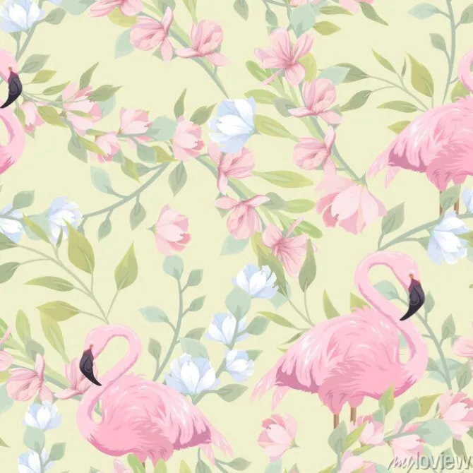 Tapeta: Seamless gentle pattern with pink flowers and flamingo