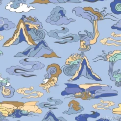 Tapeta: Seamless illustration of landscape with stylized mountains, waterfalls,