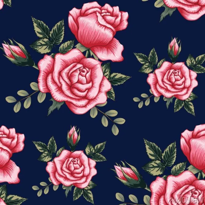Tapeta: Seamless pattern beautiful pink rose flowers on dark blue color