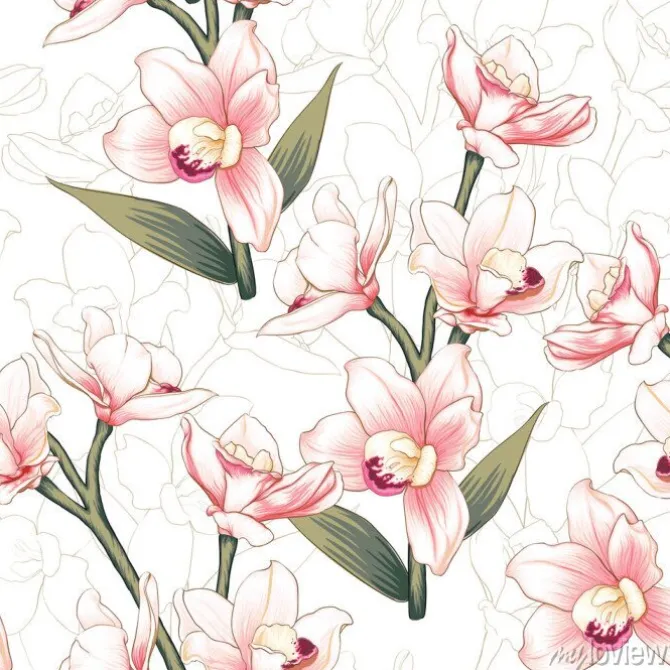 Tapeta: Seamless pattern botanical pink orchid flowers on abstract white