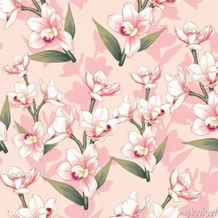 Tapeta: Seamless pattern botanical pink orchid flowers on abstract pink