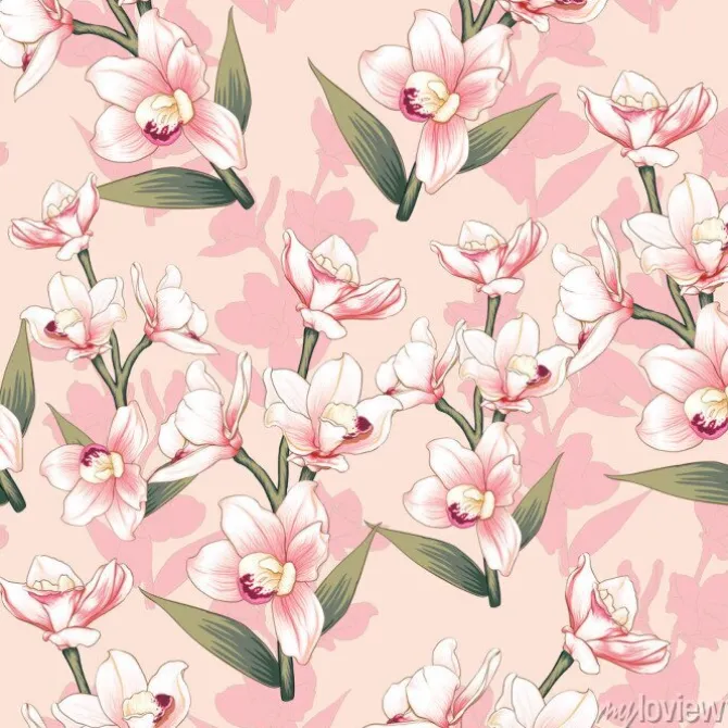Tapeta: Seamless pattern botanical pink orchid flowers on abstract pink