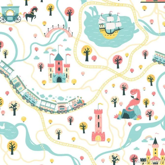 Tapeta: Seamless pattern cards of the fairytale kingdom with a ship at