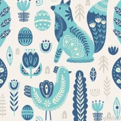 Tapeta: Seamless pattern in scandinavian style with bird and fox, tree,