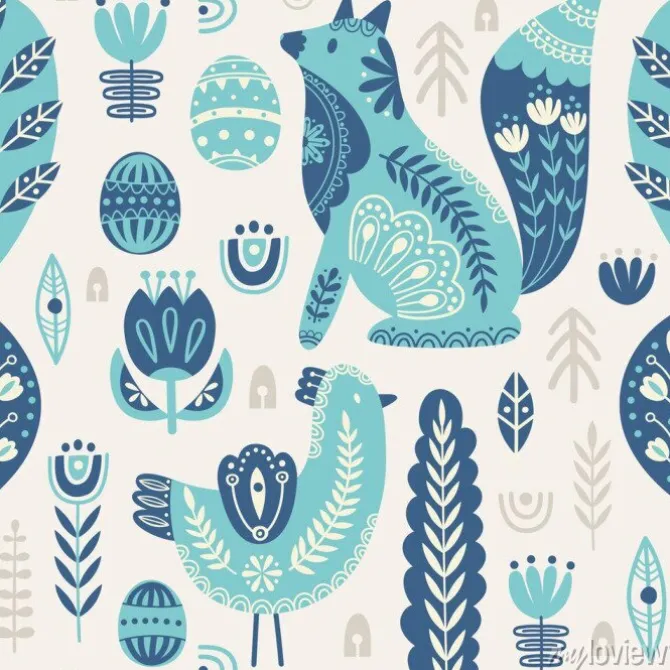 Tapeta: Seamless pattern in scandinavian style with bird and fox, tree,