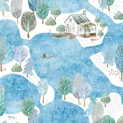 Tapeta: Seamless pattern of a fishermans house island and garden