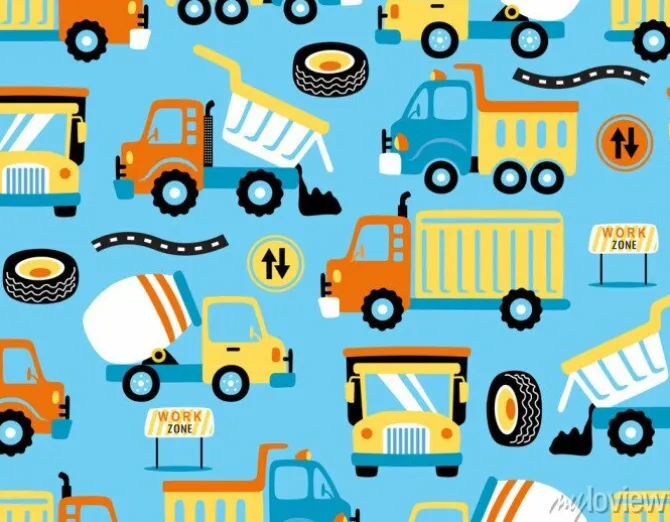 Tapeta: Seamless pattern vector of trucks cartoon with traffic signs