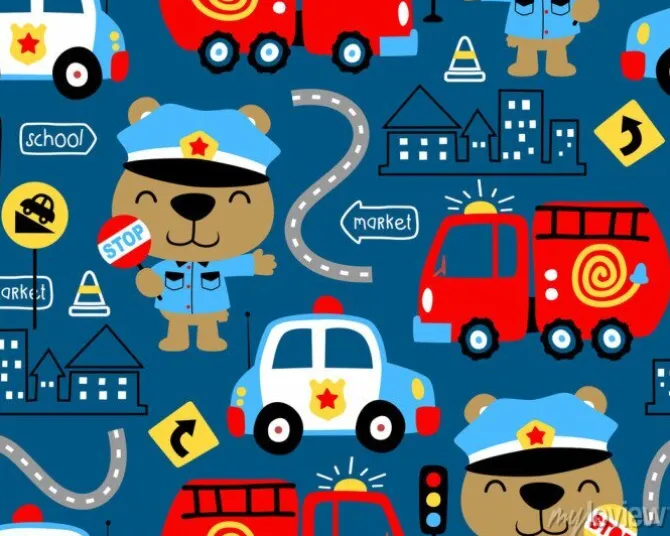 Tapeta: Seamless pattern vector of vehicles cartoon with funny cop