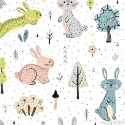 Tapeta: Seamless pattern with bunnies in the forest. childish background