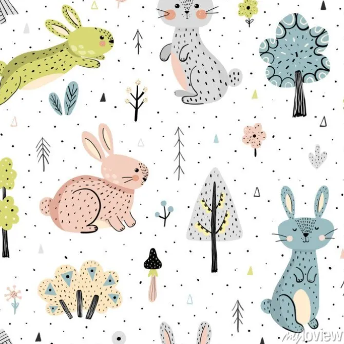 Tapeta: Seamless pattern with bunnies in the forest. childish background