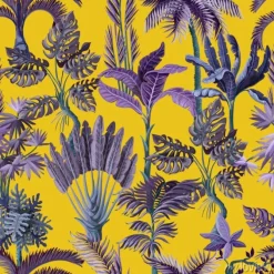 Tapeta: Seamless pattern with exotic trees such us palm, monstera and