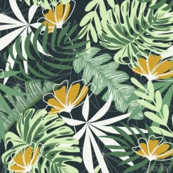 Tapeta: Seamless pattern with tropical leaves and flowers on a dark background.