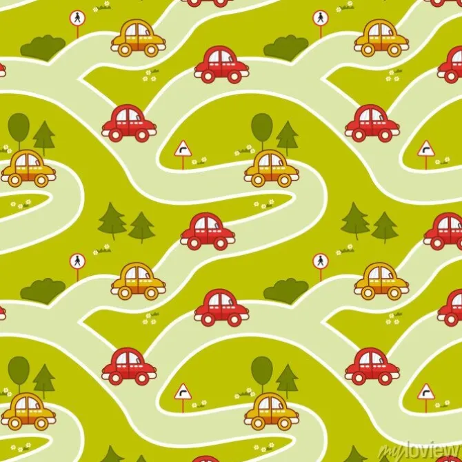 Tapeta: Seamless pattern with cartoon cars, roads and traffic signs