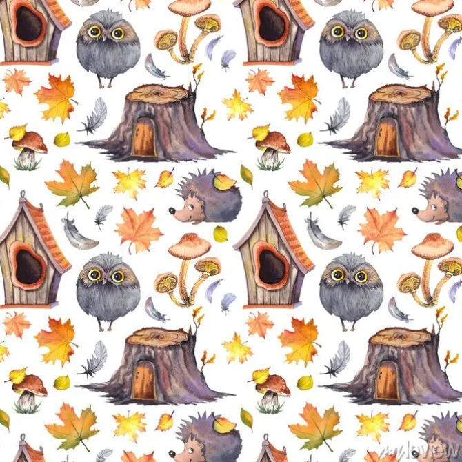 Tapeta: Seamless pattern with cute owls, hedgehogs, birdhouses, tree
